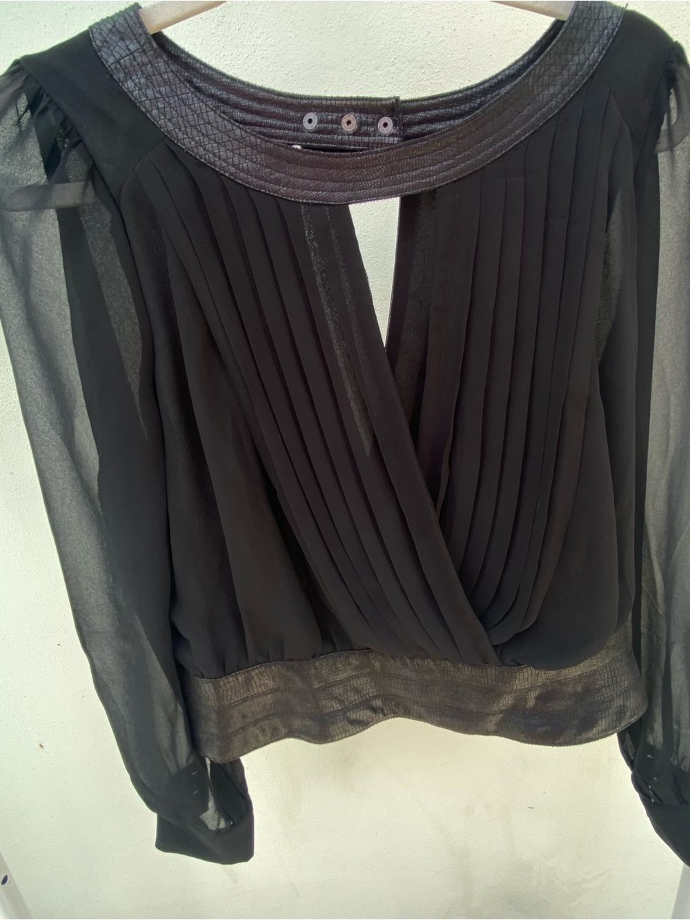 Y2K Black Chiffon & Faux Leather Moto Blouse Size Large